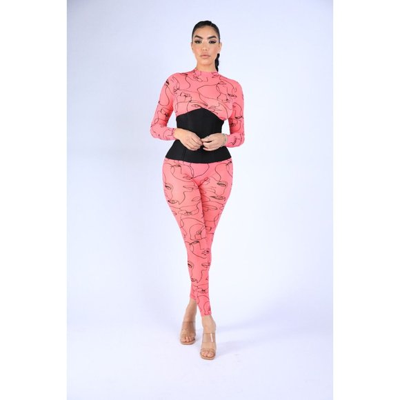 Face Contour Drawing Mesh Skinny Jumpsuit Long Sleeve Neon Pink Mock Neck - Picture 3 of 7